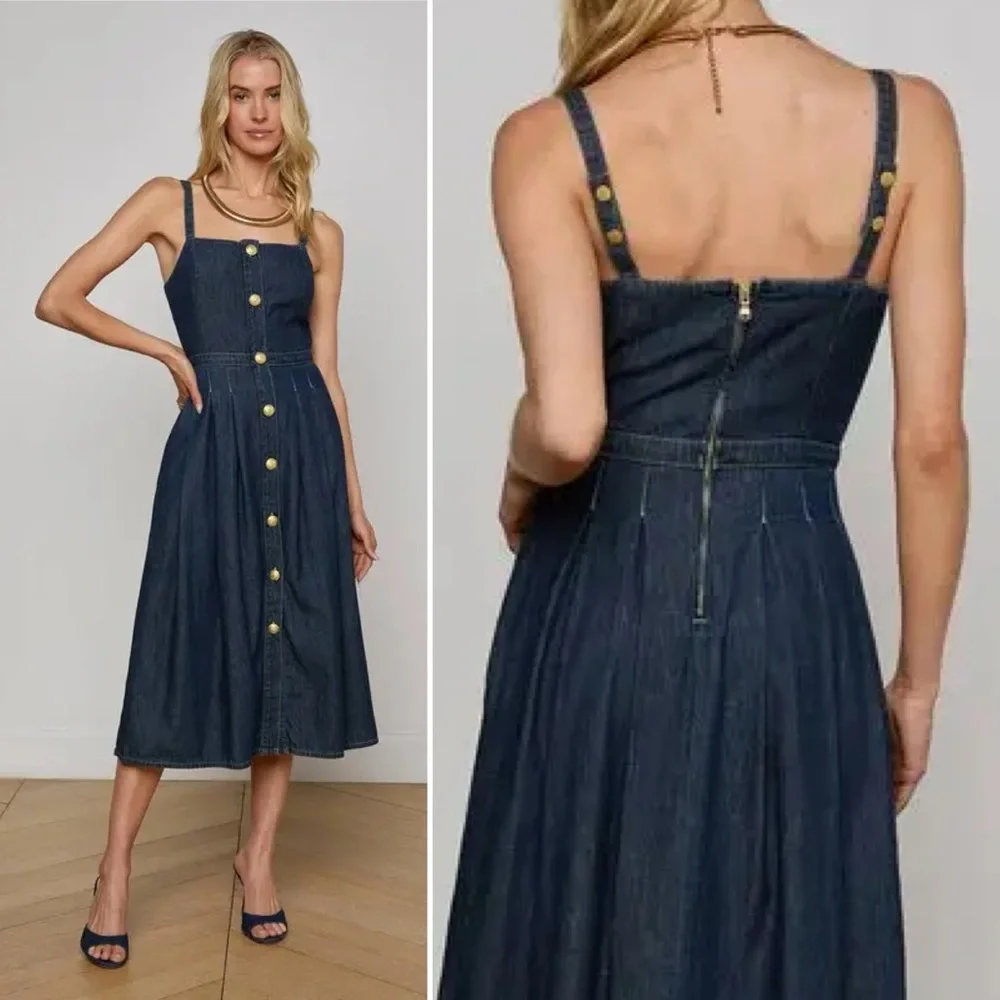 L'agence Esmeralda Pinafore Denim Midi Dress 8 Raleigh Parisian Chic Preppy NWT - Picture 2 of 15